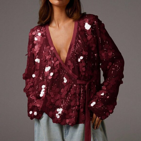 burgundy Party Women's long sleeve sequin Blouses - Picture 4 of 5